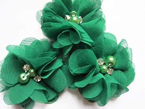 YYCRAFT 20 Stück Chiffon Blumen mit Strass und Perlen Hochzeit Dekoration/Haar Accessoire Handwerk/Nähen Craft(Smaragdgrün,5cm) von YYCRAFT