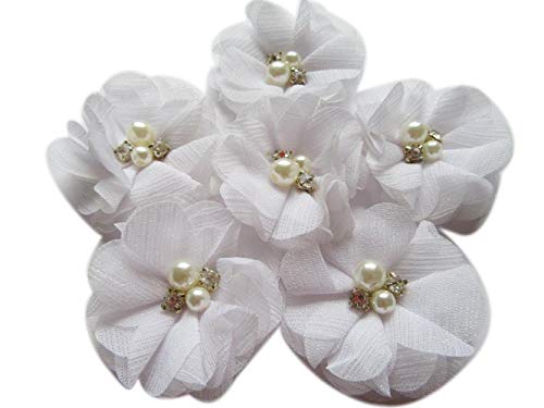 YYCRAFT 20 Stück Glitzer-Chiffon-Blumen-Strass-Perlen zum Nähen, DIY-Haarschleifen, Basteln und Party-Dekoration (weiß, 5,1 cm) von YYCRAFT