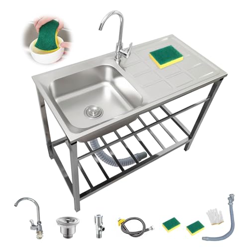 Outdoor Spüle Freistehend Waschbecken Edelstahl Spülbecken Küche Kommerziell Spüle Mit Abtropffläche Und Wasserhahn, Mobiles Waschtrog Waschtisch für Restaurant/Garage/Wäscherei(75x40xH75cm) von YYDPSHH