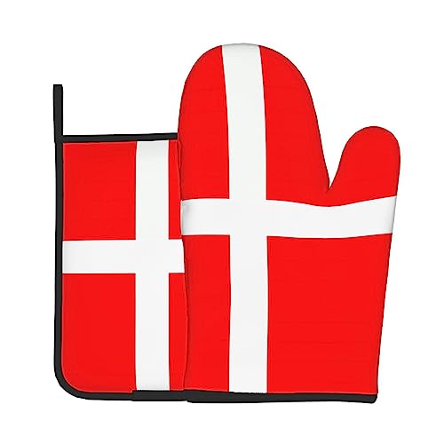 Dänemark Dänische Flagge Muster Ofenhandschuhe und Topflappen Sets > für Küche Dekorativ Kochen Backen Grillen Hot Pads Hitzebeständig Waschbar von YYHHAOFA