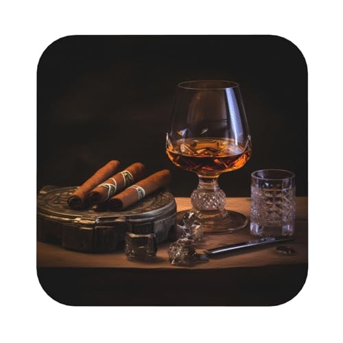 Quadratische Leder-Untersetzer, Set mit 4 Zigarren und Whiskey-Bilder: Antifouling und Verbrühungsschutz, passend für alle Kaffeetassen, Sportbecher und -becher von YYHHAOFA
