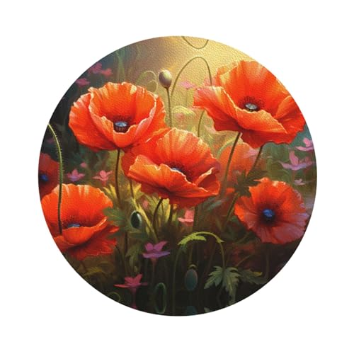 Runde Leder-Untersetzer, Set mit 4 Mohnblumen. 1 Bild: Antifouling und Verbrühungsschutz, passend für alle Kaffeetassen, Sportbecher und -becher von YYHHAOFA