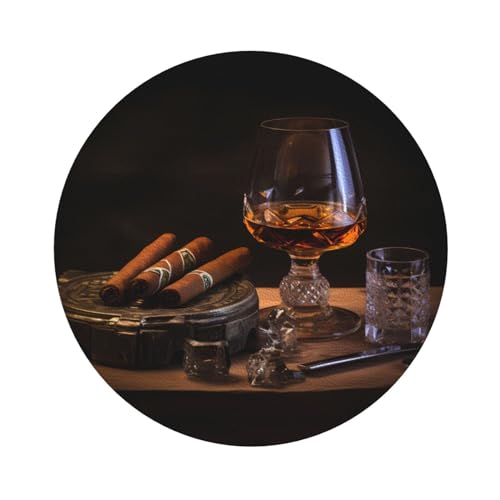 Runde Leder-Untersetzer, Set mit 4 Zigarren- und Whiskey-Bild: Antifouling und Verbrühungsschutz, passend für alle Kaffeetassen, Sportbecher und -becher von YYHHAOFA