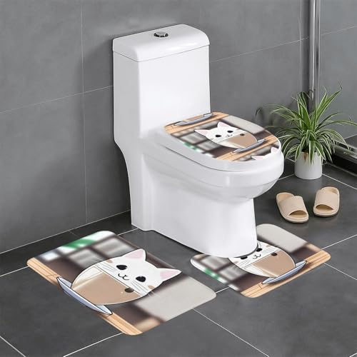 Rutschfeste Bodenmatte, 3-teiliges Set, YYHHAOFA Katze, Milchtee, U-förmige WC-Bodenmatte, fest befestigt, saugfähig und langlebig, dick und bequem von YYHHAOFA