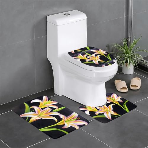 Rutschfeste Bodenmatte, 3-teiliges Set, YYHHAOFA Lilien-Blumenmuster, U-förmige WC-Bodenmatte, fest befestigt, saugfähig und langlebig, dick und bequem von YYHHAOFA