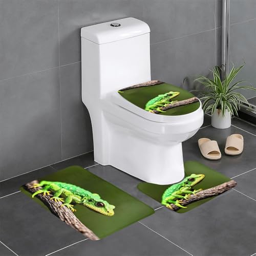 Rutschfeste Bodenmatte, 3-teiliges Set, YYHHAOFA Little Green Lizard Muster, U-förmige WC-Bodenmatte, fest befestigt, saugfähig und langlebig, dick und bequem von YYHHAOFA