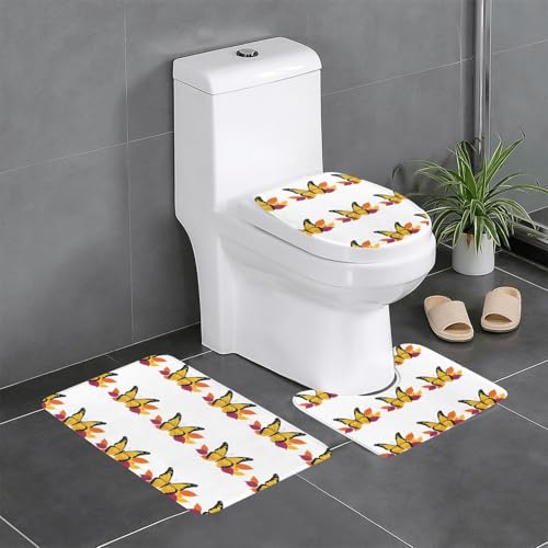 Rutschfeste Bodenmatte, 3-teiliges Set, YYHHAOFA Schmetterling auf bunten Blättern, U-förmige WC-Bodenmatte, fest befestigt, saugfähig und langlebig, dick und bequem von YYHHAOFA