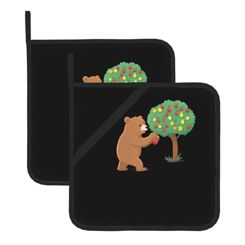 YYHHAOFA Big Bear Picking Fruit Printing Square Insulated Pot Mat 2-teiliges Set für Wärmeisolierung beim Entfernen des Deckels, Mikrowelle, Backofen und Grillen im Freien von YYHHAOFA