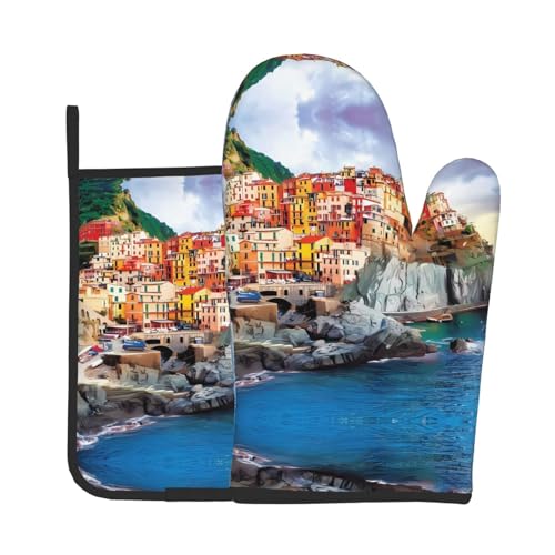 YYHHAOFA Cinque Terre Ofenhandschuhe und Topflappen-Sets: dick und langlebig, verbrühungssicher und wärmeisolierend von YYHHAOFA