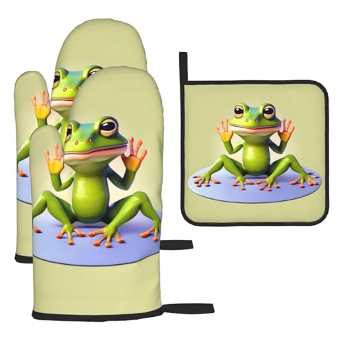 YYHHAOFA Die lustigen Ofenhandschuhe und Topflappen im Frosch-Design – dicke und verbrühungsfreie Isolierung, 2 isolierte Handschuhe und eine Deckelmatte von YYHHAOFA