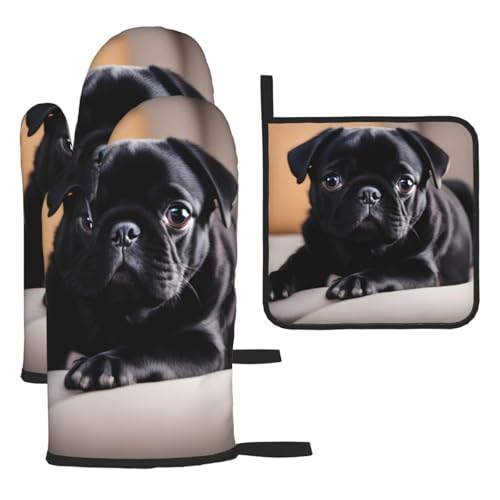 YYHHAOFA Kitchen Baking Set of 3 - Waterproof Oven Mitts and Topflappen for Anti-Scalding and Heat Insulation Cute Black Pug Dog Prints YYHHAOFA Kitchen Baking Set of 3 - Waterproof Oven Mitts and Topflappen for Anti-Scalding and Heat Insulation Cute Black Pug Dog Prints von YYHHAOFA