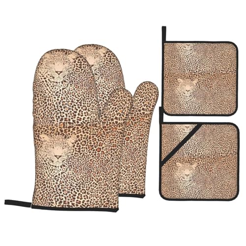 YYHHAOFA Lustige Ofenhandschuhe und Topflappen mit Leopardenfell-Motiv, 4 Stück, für Ofen, Mikrowelle und Grillen im Freien YYHHAOFA Lustige Ofenhandschuhe und Topflappen mit Leopardenfell-Motiv, 4 Stück, für Ofen, Mikrowelle und Grillen im Freien von YYHHAOFA