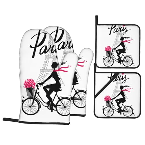 YYHHAOFA Ofenhandschuhe und Topflappen, Motiv Paris Eiffelturm, Mädchen, Fahrrad, 4 Stück, für Ofen, Mikrowelle und Grillen im Freien YYHHAOFA Ofenhandschuhe und Topflappen, Motiv Paris Eiffelturm, Mädchen, Fahrrad, 4 Stück, für Ofen, Mikrowelle und Grillen im Freien von YYHHAOFA