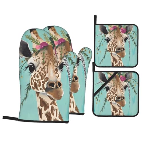 YYHHAOFA Ofenhandschuhe und Topflappen Giraffe mit Blumendruck, 4 Stück, für Ofen, Mikrowelle und Grillen im Freien YYHHAOFA Ofenhandschuhe und Topflappen Giraffe mit Blumendruck, 4 Stück, für Ofen, Mikrowelle und Grillen im Freien von YYHHAOFA