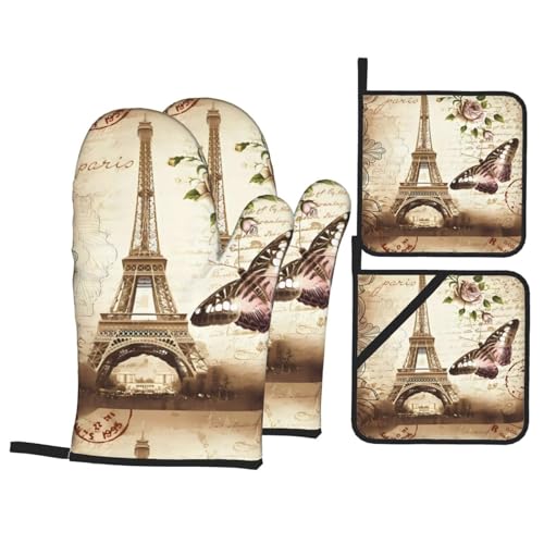 YYHHAOFA Ofenhandschuhe und Topflappen im Vintage-Stil, Motiv: Paris Eiffelturm, Schmetterling, 4 Stück, für Ofen, Mikrowelle und Grillen im Freien YYHHAOFA Ofenhandschuhe und Topflappen im Vintage-Stil, Motiv: Paris Eiffelturm, Schmetterling, 4 Stück, für Ofen, Mikrowelle und Grillen im Freien von YYHHAOFA