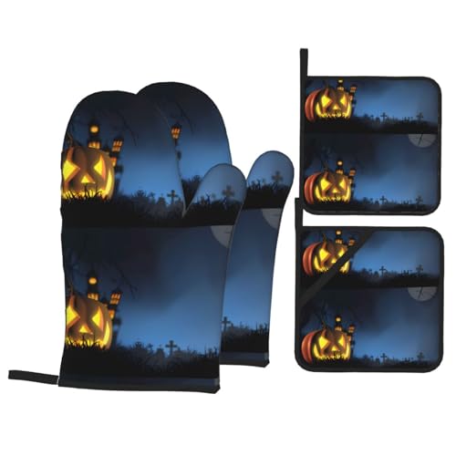YYHHAOFA Ofenhandschuhe und Topflappen mit Halloween-Kürbis-Druck, 4 Stück, für Ofen, Mikrowelle und Grillen im Freien YYHHAOFA Ofenhandschuhe und Topflappen mit Halloween-Kürbis-Druck, 4 Stück, für Ofen, Mikrowelle und Grillen im Freien von YYHHAOFA