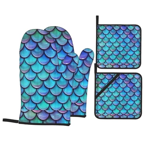 YYHHAOFA Ofenhandschuhe und Topflappen mit Meerjungfrauen-Motiv, blaugrün, Fischmotiv, 4 Stück, für Ofen, Mikrowelle und Grillen im Freien YYHHAOFA Ofenhandschuhe und Topflappen mit Meerjungfrauen-Motiv, blaugrün, Fischmotiv, 4 Stück, für Ofen, Mikrowelle und Grillen im Freien von YYHHAOFA