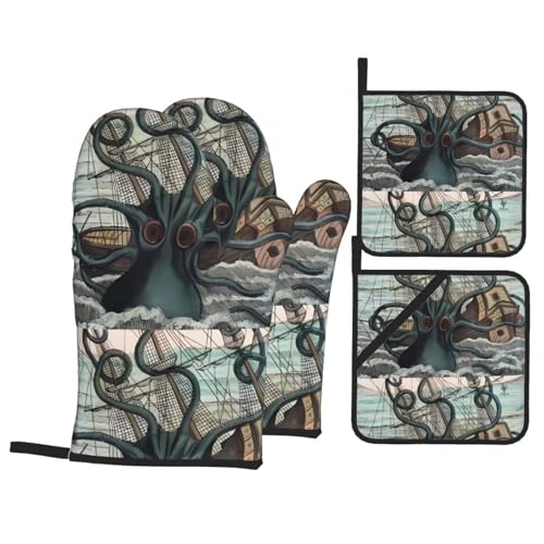 YYHHAOFA Ofenhandschuhe und Topflappen mit Oktopus- und Bootsdruck, 4 Stück, für Ofen, Mikrowelle und Grillen im Freien YYHHAOFA Ofenhandschuhe und Topflappen mit Oktopus- und Bootsdruck, 4 Stück, für Ofen, Mikrowelle und Grillen im Freien von YYHHAOFA