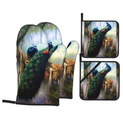 YYHHAOFA Ofenhandschuhe und Topflappen mit buntem Pfauen-Druck, 4 Stück, für Ofen, Mikrowelle und Grillen im Freien YYHHAOFA Ofenhandschuhe und Topflappen mit buntem Pfauen-Druck, 4 Stück, für Ofen, Mikrowelle und Grillen im Freien von YYHHAOFA
