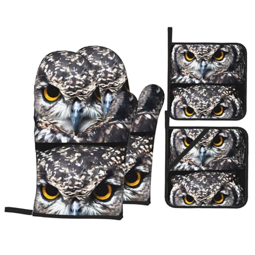 YYHHAOFA Ofenhandschuhe und Topflappen mit gelben Augen, Eulen-Druck, 4 Stück, für Ofen, Mikrowelle und Grillen im Freien YYHHAOFA Ofenhandschuhe und Topflappen mit gelben Augen, Eulen-Druck, 4 Stück, für Ofen, Mikrowelle und Grillen im Freien von YYHHAOFA