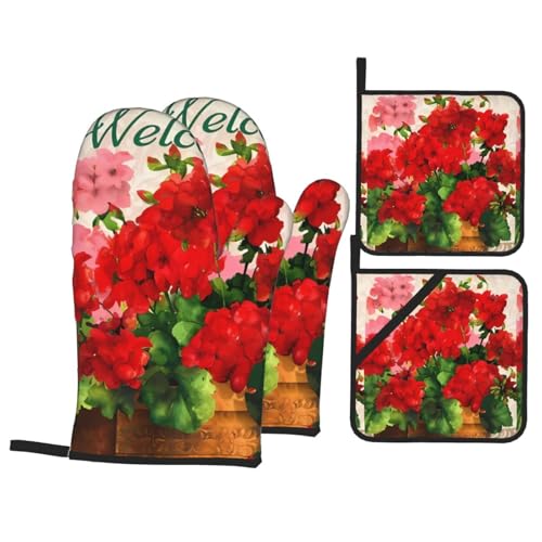 YYHHAOFA Ofenhandschuhe und Topflappen mit roten Geranien, 4 Stück, für Ofen, Mikrowelle und Grillen im Freien YYHHAOFA Ofenhandschuhe und Topflappen mit roten Geranien, 4 Stück, für Ofen, Mikrowelle und Grillen im Freien von YYHHAOFA
