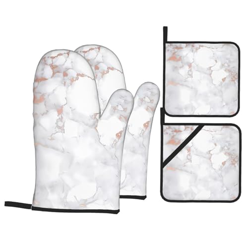 YYHHAOFA Ofenhandschuhe und Topflappen mit weißem Marmor-Roségolddruck, 4 Stück, für Ofen, Mikrowelle und Grillen im Freien YYHHAOFA Ofenhandschuhe und Topflappen mit weißem Marmor-Roségolddruck, 4 Stück, für Ofen, Mikrowelle und Grillen im Freien von YYHHAOFA