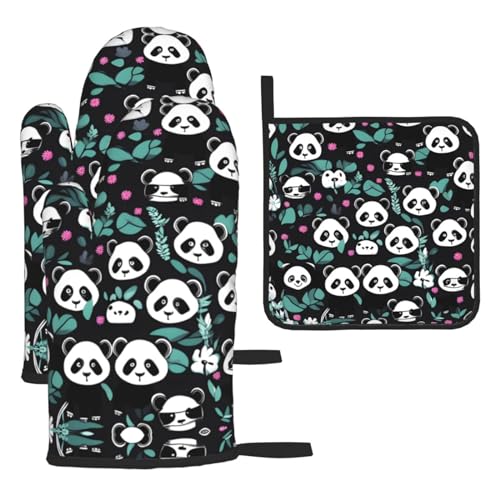 YYHHAOFA Panda niedliche Gesicht Muster Ofenhandschuhe und Topflappen Sets - Dicke und Anti-Verbrühungs-Isolierung 2 isolierte Handschuhe und eine Deckelmatte von YYHHAOFA