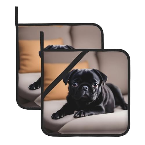 YYHHAOFA Quadratischer isolierter Topfhalter mit niedlichem Mops-Motiv, hitzebeständige Küchenmatten, Verbrühungsschutz und Wärmeisolierung, 20,3 x 20,3 cm, Schwarz, 2 Stück von YYHHAOFA