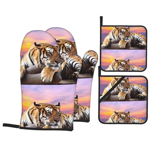 YYHHAOFA Tiger liegend auf Holzdruck, Ofenhandschuhe und Topflappen, Set mit 4 Stück, für Ofen, Mikrowelle und Grillen im Freien YYHHAOFA Tiger liegend auf Holzdruck, Ofenhandschuhe und Topflappen, Set mit 4 Stück, für Ofen, Mikrowelle und Grillen im Freien von YYHHAOFA