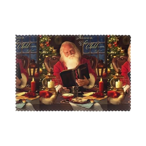 YYHHAOFA Tischsets mit Weihnachtsmann-Druck für Esstisch, 6 Stück, dickes und stabiles Design für hervorragende Verschleißfestigkeit, gute Faltenbeständigkeit von YYHHAOFA