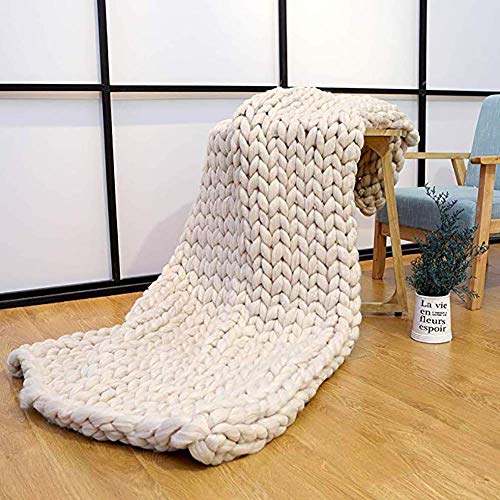 Blanket,Grob Gestrickte Decke, Grobe Strickdecke Merino Wolle Garn Arm Stricken Werfen, Yoga Matte Teppich, Super Große Klobige Stricken Decke Haustier Bett Stuhl Sofa,Beige,120 * 150cm von YYHJ