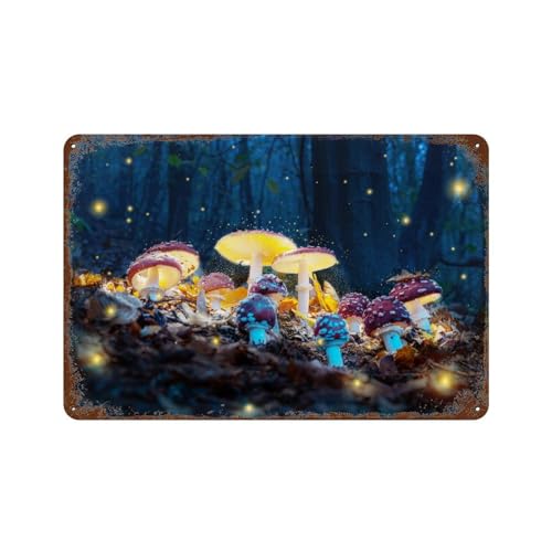 Mystische Fliegenpilze leuchten im dunklen Wald,Vintage-Metall-Blechschild, Kunst, Wanddekoration für Zuhause,Büro, Männerhöhle, Club, Café, Bar, Dekor-Schild,30 x 40 cm (12 x 16 Zoll)-147 von YYHMKBYY