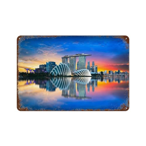 Singapur: Skyline der Stadt im Abendlicht,Metall-Blechschild, motivierende Wanddekorationen für Wohnzimmer, rustikale Wandkunst, Küche, Wandbehang, Schilder, Wandschild,15 x 30 cm （6 x12 Zoll）-434 von YYHMKBYY