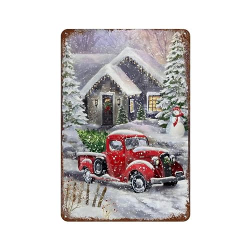 Weihnachten Antik Blechschild Weihnachtsbaum und roter LKW Retro Kunst Malerei Poster Plakette für Zuhause Küche Garage Bauernhaus Wanddekoration,30 x 40 cm (12 x 16 Zoll)-401 von YYHMKBYY