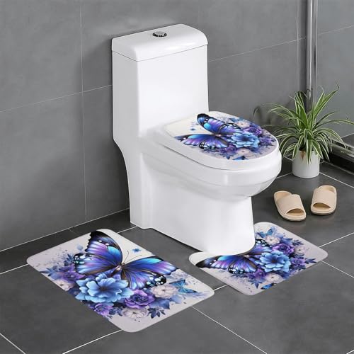Rutschfeste Bodenmatte 3er-Set YYHWHJDE Blau Lila Blume Schmetterling Muster U-förmige WC-Bodenmatte, fest befestigt, saugfähig & langlebig, dick & bequem von YYHWHJDE