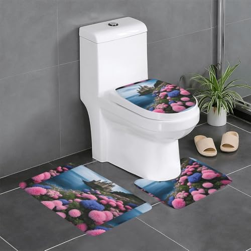 Rutschfeste Bodenmatte 3er-Set YYHWHJDE Schöne Blumen am Meer Muster U-förmige WC-Bodenmatte, fest befestigt, saugfähig & langlebig, dick & bequem von YYHWHJDE