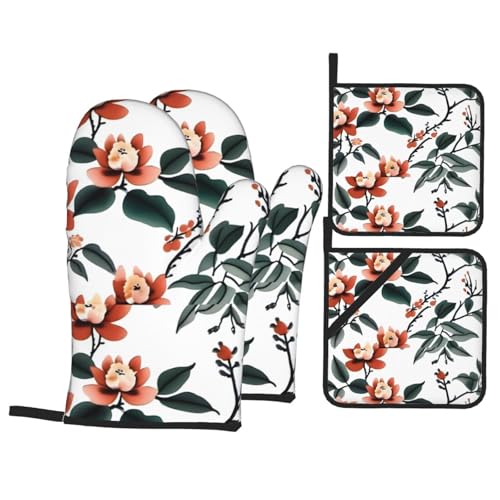 YYHWHJDE 4-teiliges Küchen-Backset mit Blumenmuster, bestehend aus 2 isolierten Handschuhen und 2 Topfdeckel-Pads mit Taschen, verbrühungsschutz und wärmeisolierend von YYHWHJDE