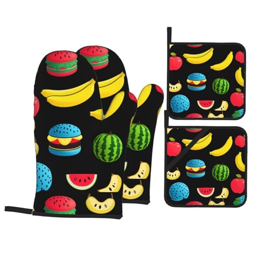 YYHWHJDE 4-teiliges Set mit Hamburger-Frucht-Party-Muster, Küche, Backen, 4-teiliges Set, bestehend aus 2 isolierten Handschuhen und 2 Topfdeckel-Pads mit Taschen, verbrühungsschutz und von YYHWHJDE