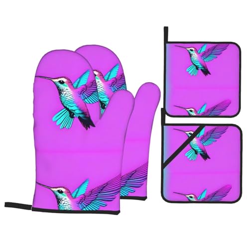 YYHWHJDE 4-teiliges Set mit Kolibri mit Flügelmuster, 4-teiliges Set, bestehend aus 2 isolierten Handschuhen und 2 Topfdeckel-Pads mit Taschen, verbrühungsschutz und wärmeisolierend von YYHWHJDE