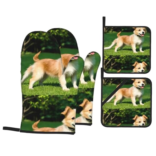 YYHWHJDE 4-teiliges Set mit Spielwelpen-Motiv, 4-teiliges Set, bestehend aus 2 isolierten Handschuhen und 2 Topfdeckel-Pads mit Taschen, verbrühungsschutz und wärmeisolierend von YYHWHJDE