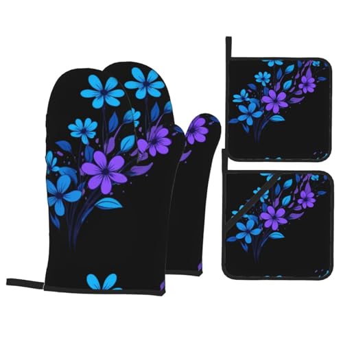 YYHWHJDE 4-teiliges Set mit verschwommenen blauen und violetten Blumenmustern, 4-teiliges Set, bestehend aus 2 isolierten Handschuhen und 2 Topfdeckel-Pads mit Taschen, verbrühungsschutz und von YYHWHJDE
