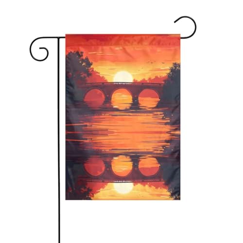 YYHWHJDE Brücke Sonnenuntergang Fluss Landschaft Muster Garten Fahnenmast Outdoor Hof Dekoration doppelseitig 30,5 x 45,7 cm von YYHWHJDE