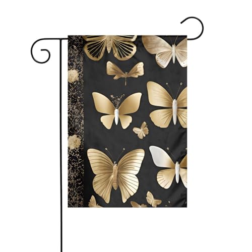 YYHWHJDE Gartenflaggenmast mit goldfarbenen weißen Schmetterlingen und schwarzem Muster, 30,5 x 45,7 cm von YYHWHJDE