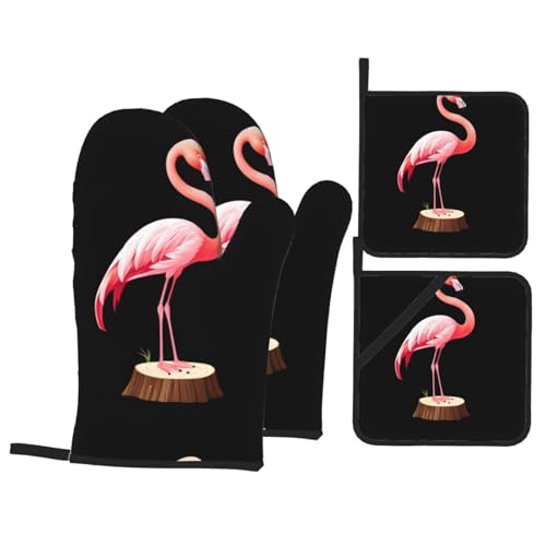 YYHWHJDE Ofenhandschuhe und Topflappen, Motiv: Flamingo auf einem Baumstumpf, 4 Stück, dick und langlebig, verbrühungssicher und wärmeisolierend von YYHWHJDE