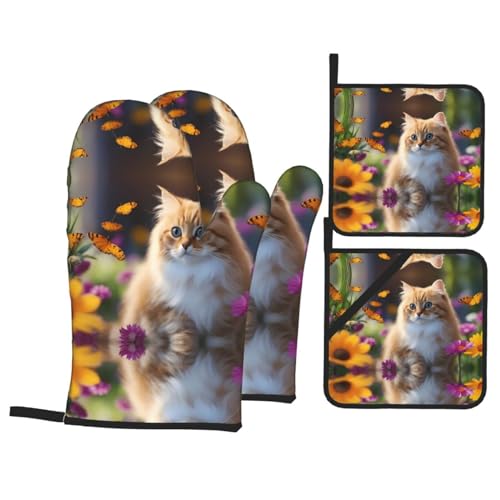 YYHWHJDE Ofenhandschuhe und Topflappen, Motiv: lustige Katzen, Vögel und Blumen, 4er-Set, dick und langlebig, wärmeisolierend von YYHWHJDE