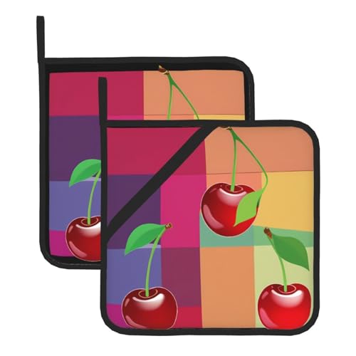 YYHWHJDE Quadratische, isolierte Topfmatte mit Kirsche auf farbigen Quadraten, 2-teiliges Set zur Wärmeisolierung beim Entfernen des Deckels, Mikrowelle, Backofen und Grillen im Freien YYHWHJDE Quadratische, isolierte Topfmatte mit Kirsche auf farbigen Quadraten, 2-teiliges Set zur Wärmeisolierung beim Entfernen des Deckels, Mikrowelle, Backofen und Grillen im Freien von YYHWHJDE