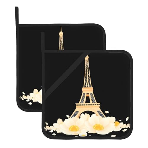 YYHWHJDE Quadratische isolierte Topfmatte mit Blütenblättern und dem Eiffelturm, 2-teiliges Set zur Wärmeisolierung beim Entfernen des Deckels, Mikrowelle, Backofen und Grillen im Freien von YYHWHJDE