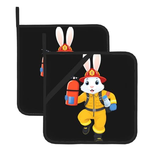 YYHWHJDE Quadratische isolierte Topfmatte mit Hasenfeuerwehrmann, 2-teiliges Set zur Wärmedämmung beim Entfernen des Deckels, Mikrowelle, Backofen und Grillen im Freien von YYHWHJDE