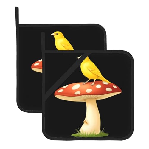 YYHWHJDE Quadratische isolierte Topfmatte mit Kanarienvogel auf Pilzmuster, 2-teiliges Set zur Wärmeisolierung beim Entfernen des Deckels, Mikrowelle, Backofen und Grillen im Freien von YYHWHJDE