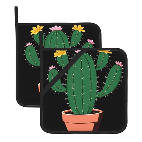 YYHWHJDE Quadratische isolierte Topfmatte mit Retro-Blumen-Kaktus-Muster, 2-teiliges Set für Wärmeisolierung beim Entfernen des Deckels, Mikrowelle, Backofen und Grillen im Freien von YYHWHJDE